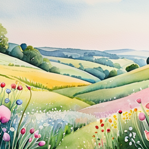 **Prompt:** Watercolor painting of abstract floral shapes in pastel colors, flowing and light, soft focus, calming atmosphere, German countryside aesthetic.
