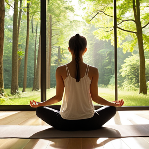 A harmonious scene promoting inner peace and active well-being. The foreground features a person meditating or gently stretching in a brightly lit, serene room, embodying a conscious start to the day. This transitions to a mid-ground where someone mindfully sips coffee by a window, observing nature. The background depicts a person enjoying a brisk, refreshing walk through a sun-dappled forest or a calm park. Emphasize soft natural light, tranquility, and a feeling of gentle vitality, illustrating sustainable daily routines for stress reduction.