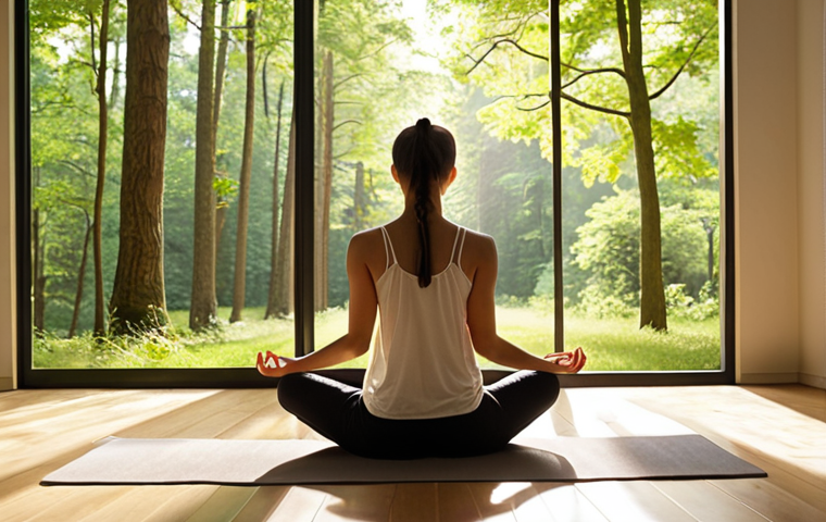 A harmonious scene promoting inner peace and active well-being. The foreground features a person meditating or gently stretching in a brightly lit, serene room, embodying a conscious start to the day. This transitions to a mid-ground where someone mindfully sips coffee by a window, observing nature. The background depicts a person enjoying a brisk, refreshing walk through a sun-dappled forest or a calm park. Emphasize soft natural light, tranquility, and a feeling of gentle vitality, illustrating sustainable daily routines for stress reduction.