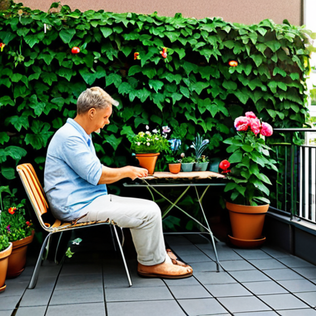 스트레스 해소를 위한 텃밭 가꾸기 - Serene Balcony Garden**

"A tranquil balcony garden in Berlin, filled with colorful potted flowers a...