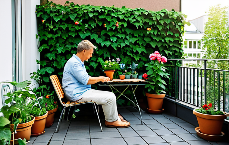 스트레스 해소를 위한 텃밭 가꾸기 - Serene Balcony Garden**

"A tranquil balcony garden in Berlin, filled with colorful potted flowers a...