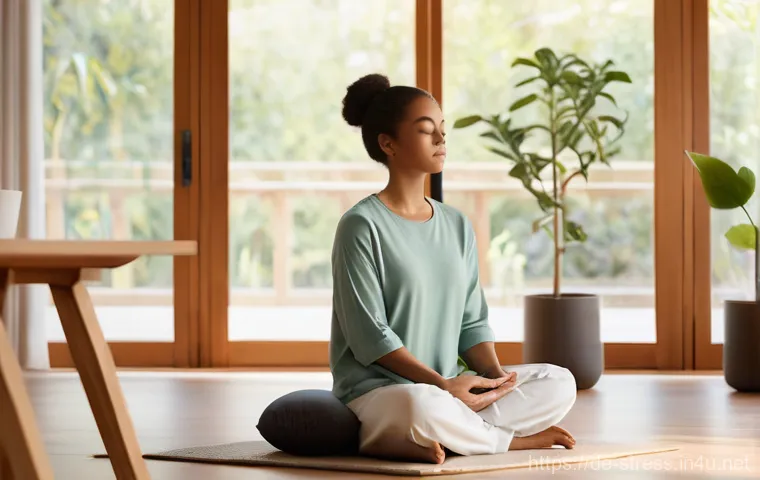 스트레스 해소법  스트레스를 풀어주는 활동 - **A Serene Moment of Mindfulness:** A young adult, dressed in comfortable, modest loungewear, sits p...