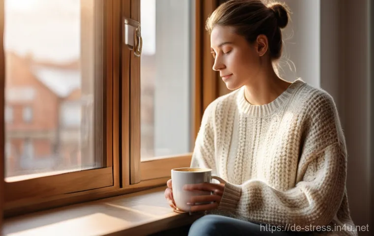 스트레스 해소법 과학적으로 검증된 방법 - **Mindful Morning Coffee Moment**
    A serene image capturing a person in their late twenties to ea...