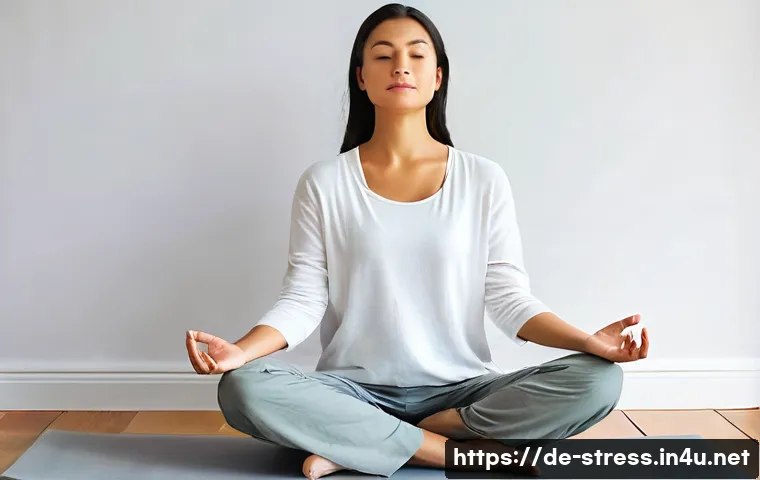 스트레스 해소를 위한 명상 - **Prompt:** A serene adult individual, gender-neutral, in their late 20s to early 40s, seated comfor...