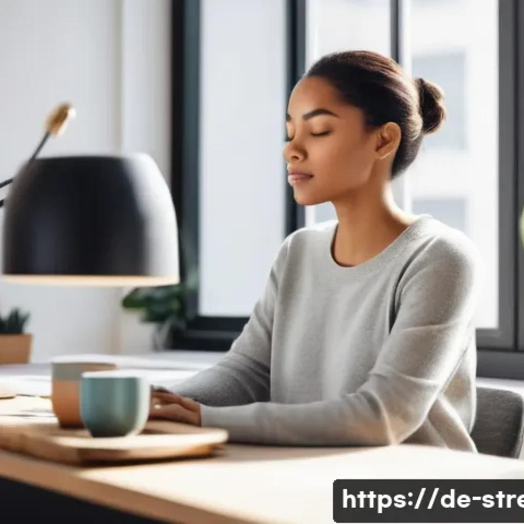 스트레스 해소를 위한 간단한 운동 - A serene adult figure, diverse ethnicity, sitting at a clean, modern desk in a well-lit home office ...