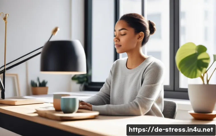 스트레스 해소를 위한 간단한 운동 - A serene adult figure, diverse ethnicity, sitting at a clean, modern desk in a well-lit home office ...