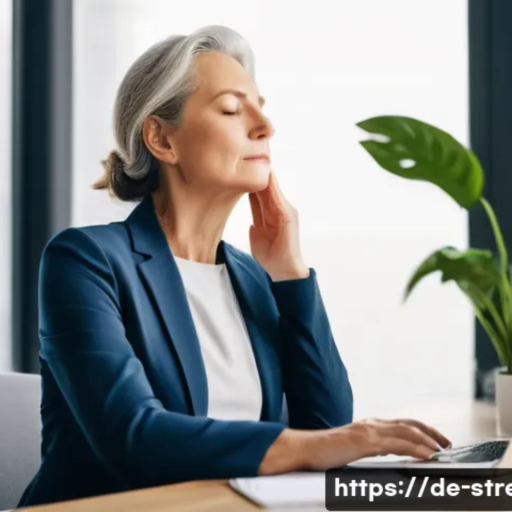 스트레스 해소를 위한 집중력 훈련 - A serene office scene showing a middle-aged German professional woman practicing deep diaphragmatic ...