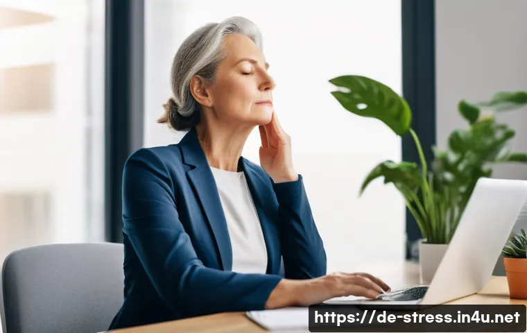 스트레스 해소를 위한 집중력 훈련 - A serene office scene showing a middle-aged German professional woman practicing deep diaphragmatic ...