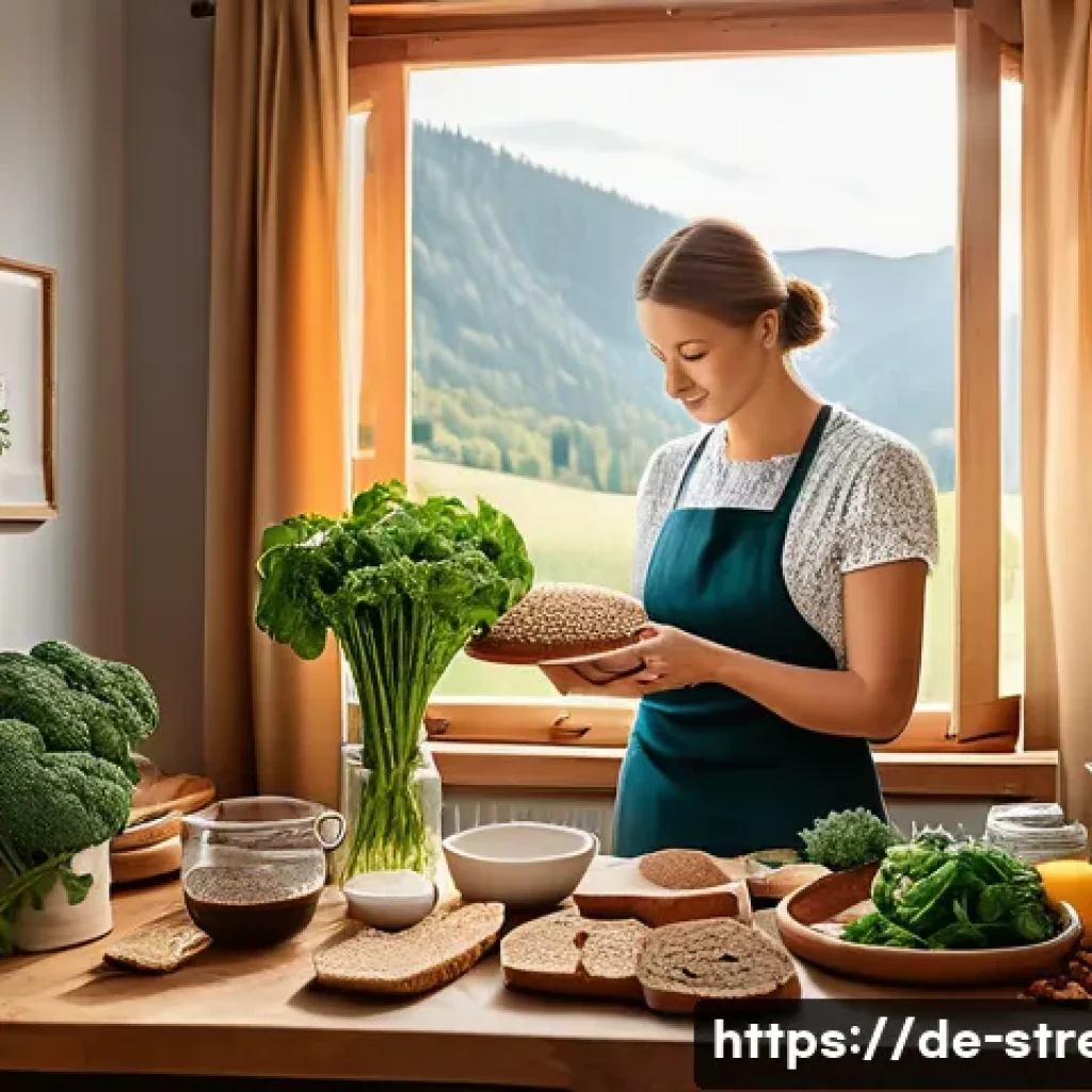 스트레스 해소를 위한 다이어트 - A cozy German kitchen scene featuring a middle-aged person preparing a balanced meal with whole grai...