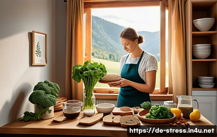 스트레스 해소를 위한 다이어트 - A cozy German kitchen scene featuring a middle-aged person preparing a balanced meal with whole grai...