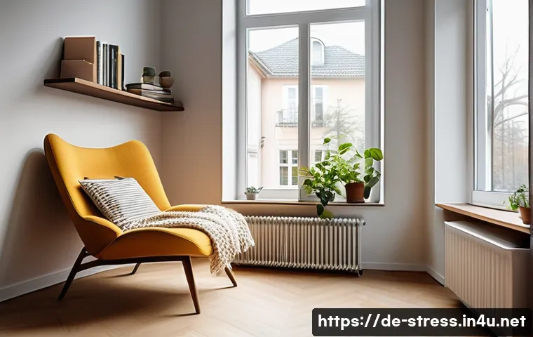 스트레스 해소법 스트레스 해소에 좋은 책 - A cozy reading nook in a modern German apartment, featuring a comfortable armchair by a large window...