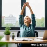 스트레스 해소를 위한 일상 루틴 - A serene scene of a middle-aged German woman taking a mindful 5-minute break at her modern office de...
