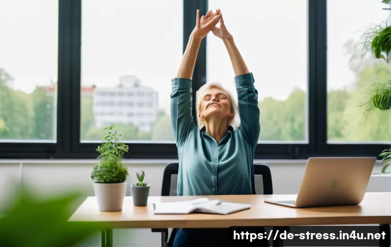 스트레스 해소를 위한 일상 루틴 - A serene scene of a middle-aged German woman taking a mindful 5-minute break at her modern office de...