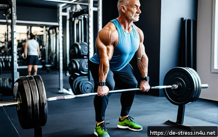 스트레스 해소를 위한 운동   근력 운동 - A fit middle-aged German man performing deadlifts in a modern, well-lit gym, wearing breathable athl...