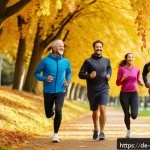 스트레스 해소를 위한 유산소 운동 - A serene outdoor scene showing a group of diverse adults jogging together on a leafy park trail in a...