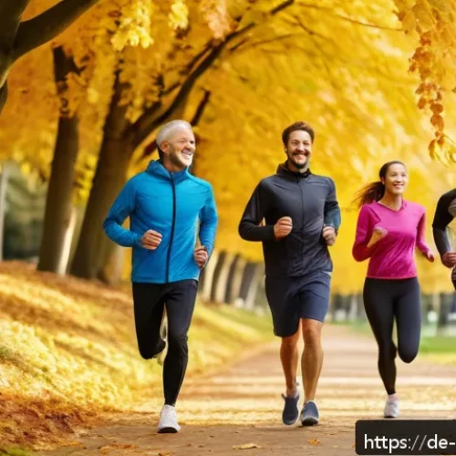 스트레스 해소를 위한 유산소 운동 - A serene outdoor scene showing a group of diverse adults jogging together on a leafy park trail in a...