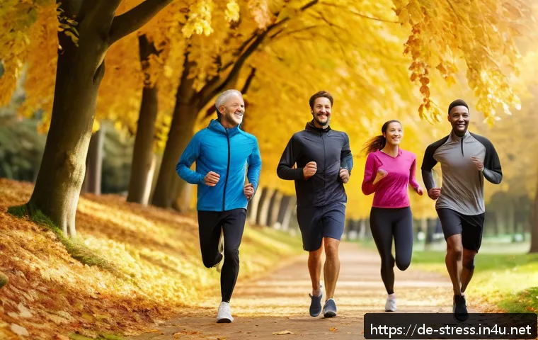 스트레스 해소를 위한 유산소 운동 - A serene outdoor scene showing a group of diverse adults jogging together on a leafy park trail in a...