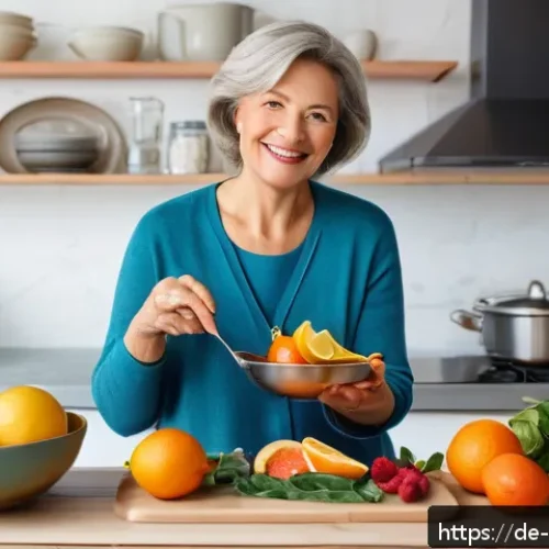 스트레스 해소를 위한 다이어트와 영양 관리 - A cozy German kitchen scene with a middle-aged woman preparing a colorful, balanced meal featuring f...