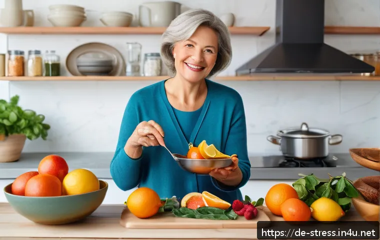 스트레스 해소를 위한 다이어트와 영양 관리 - A cozy German kitchen scene with a middle-aged woman preparing a colorful, balanced meal featuring f...