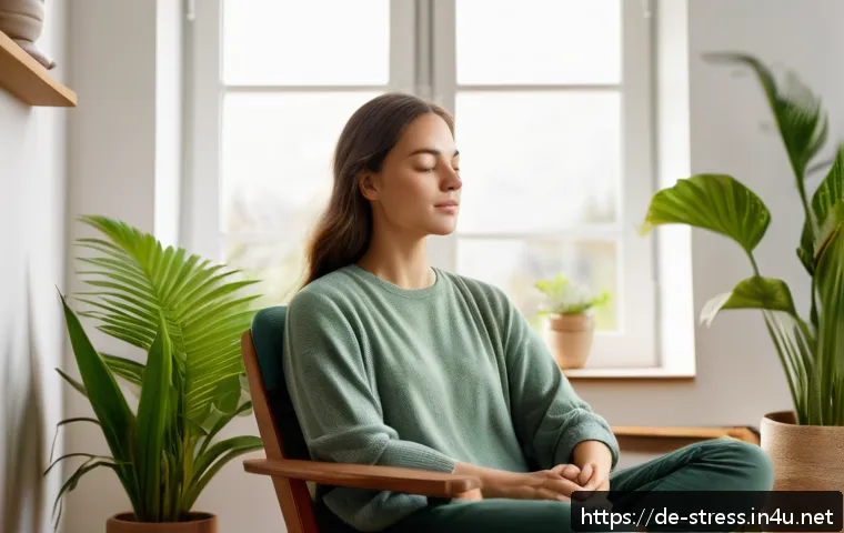 스트레스 해소를 위한 감정 표현법 - A serene, modern living room scene featuring a young adult practicing the 4-7-8 breathing technique:...