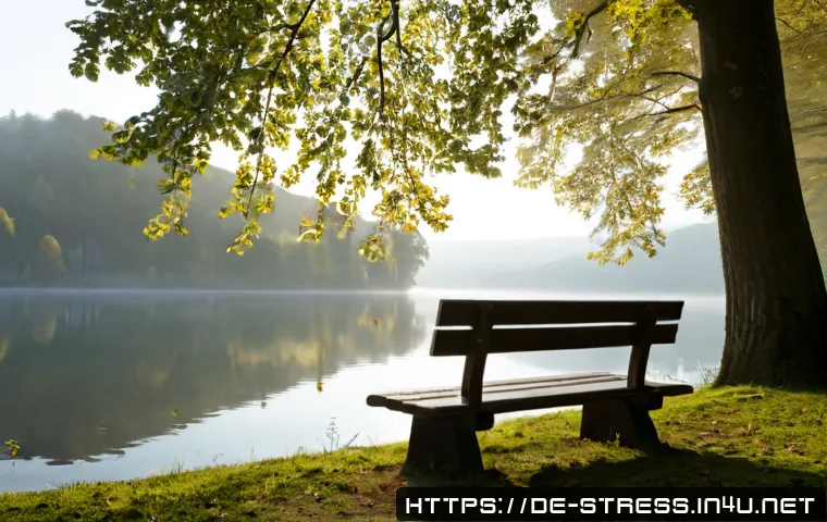 Home 17 스트레스 해소를 위한 고요한 장소 찾기 - Photorealistic peaceful lakeside retreat in the German countryside, a solitary wooden bench beneath ...