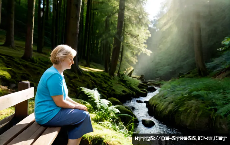 Home 17 스트레스 해소하기 위한 자연 속 휴식법 - Photorealistic peaceful forest retreat in the German Black Forest, a relaxed middle-aged adult sitti...
