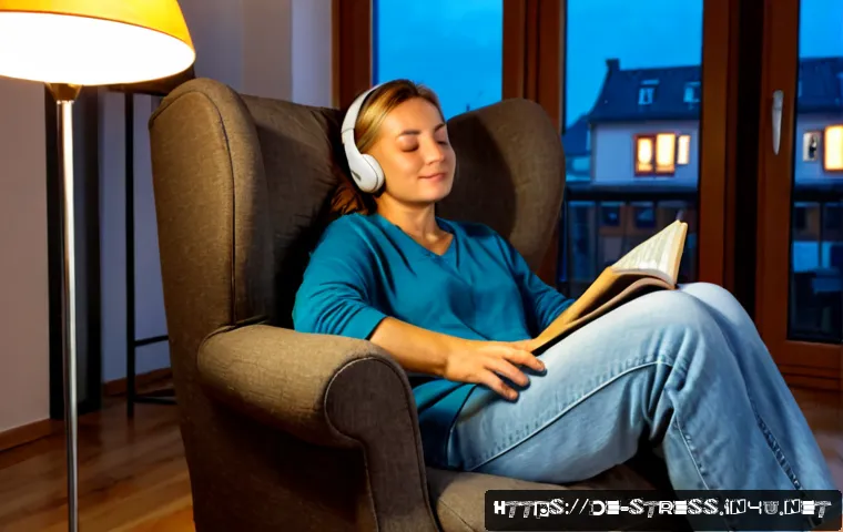 스트레스 해소법 음악 추천 - Photorealistic cozy German apartment living room at dusk, relaxed middle-aged woman wearing comforta...